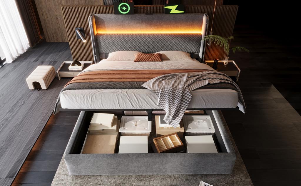 Modern Hydraulic Bed with High Headboard, 160x200cm Double Bed with LED Lighting, Storage & USB/Type-C Ports, in Linen Look Gray (Without Mattress)