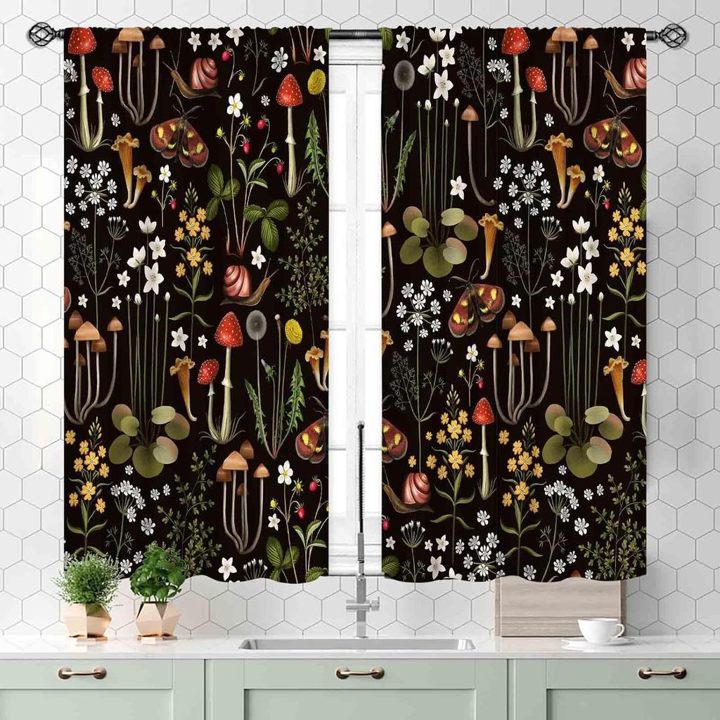 Mushroom Curta, Retro Wild Floral Botanical Mushroom Cottagecore Nature Plants Herbs Farmhouse Blackout Drapes For Kitchen