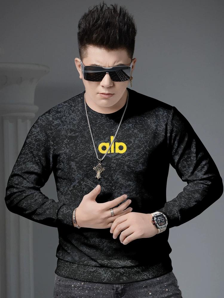 European Trendy Brand Embroidered Ripped Round-Neck Sweatshirt for Men 2025 New Autumn Casual Base Shirt Long-Sleeve Top for Men
