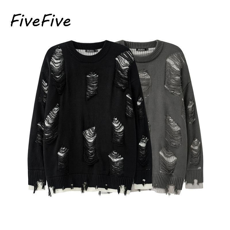 FiveFive Retro Hole Fake Two Sweaters for Men and Women Y2k Streetwear High Street Fashion Punk Style Loose Casual Sweater