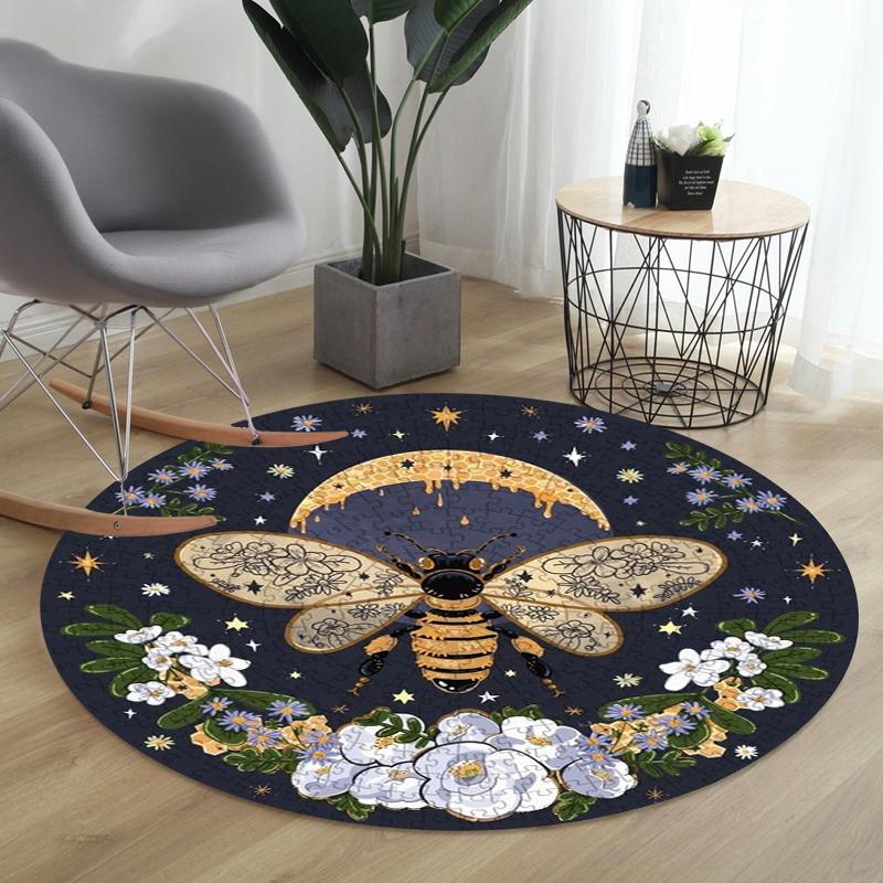 Bohemian Bee & Floral Round Rug Collection Non Slip Wear Resistant Soft Washable Living Room Bedroom Decor Rug
