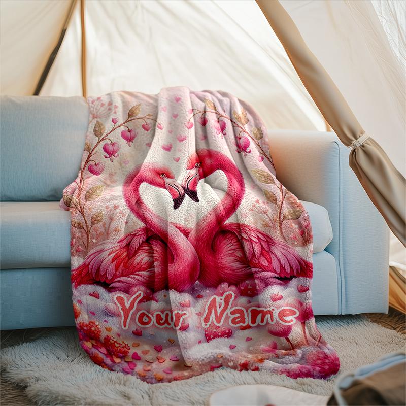 1PC Custom Name Flamingo Love Heart Garden flannel blanket versatile,all-season throw suitable for the living room,bedroom,camping,travel,and gift