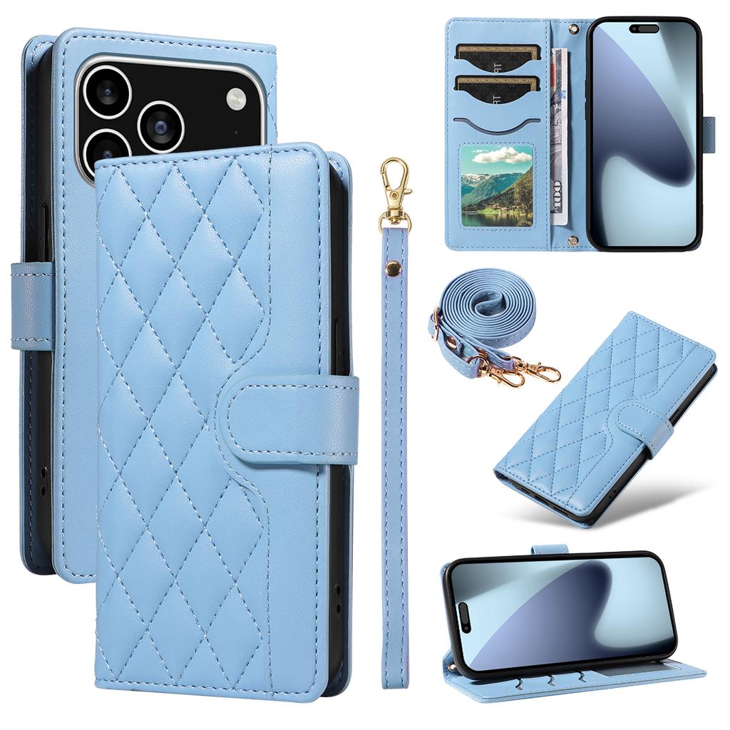 For iPhone 17 Pro Wallet Case Rhombus Leather Phone Cover with Strap