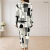 Women Plus Size Half Zip Long Sleeve Radial Geometric Printed Two Piece Set Black White Orange Longline Top Fitted Pants