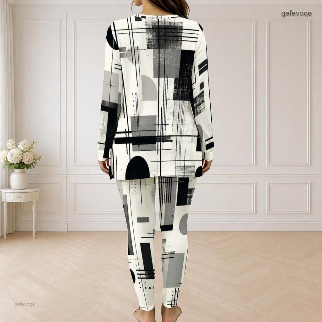 Women Plus Size Half Zip Long Sleeve Radial Geometric Printed Two Piece Set Black White Orange Longline Top Fitted Pants