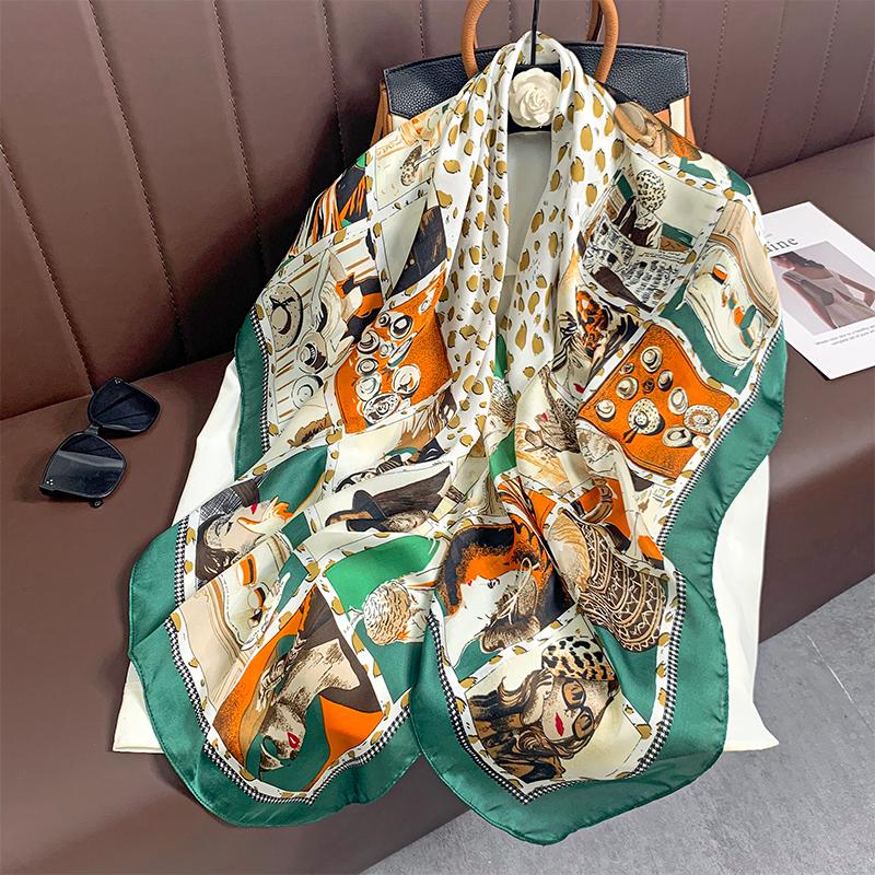 110x110cm Women Silk Square Scarf Hijab Female Design Print Lady Shawl Wraps Foulard Headbands Bufanda Large Bandana Luxury
