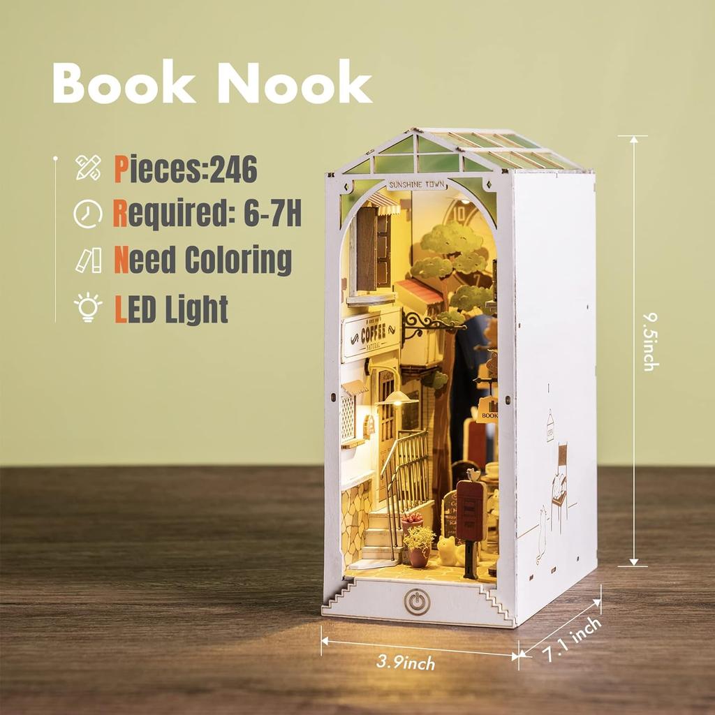 Robotime Rolife Wooden Puzzle Sunshine Town DIY Dollhouse Book Nook with LED Light for Bookshelf Insert Decor - TGB02