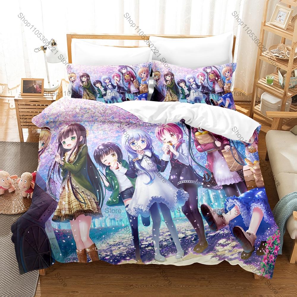Is The Order A Rabbit Bedding Set Duvet Cover + 2 Pillowcases Cute Cafe Rabbit Girls Kawaii Slice of Life Anime Bedroom Decor