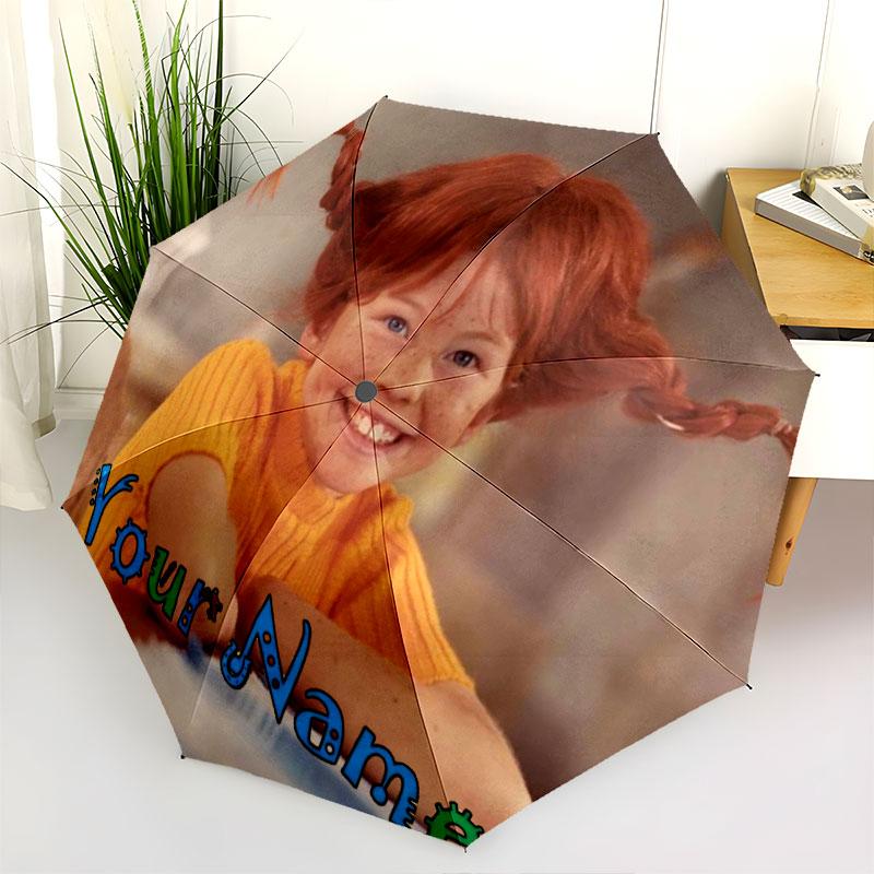 1 PC Automatic Folding Umbrella - Pippi Longstocking Custom Name Pattern, Portable & Foldable Design with 8 Ribs, Christmas Birthday Gifts