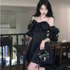 Korean Style Black Cabaret Dress Women Y2k Off Shoulder Mini Party Dresses Cute One Piece Tunic Mesh Vestidos