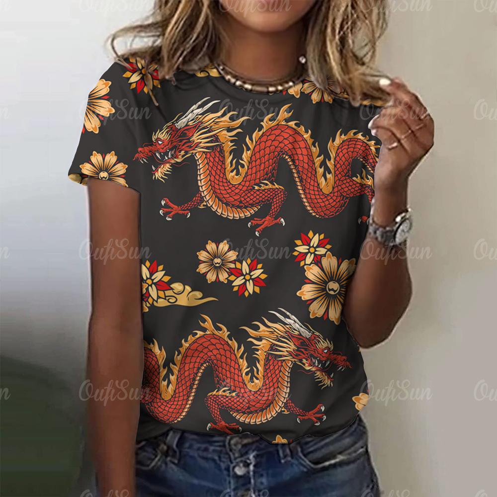 Женская футболка с принтом 3D-дракона в китайском стиле, новый пуловер для женщин с круглым вырезом, повседневный короткий рукав, 2024, модные уличные топы