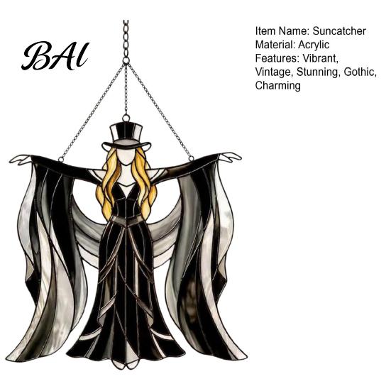 Dreamy Light Shadow Effect Decor Boho Dancing Lady Suncatcher, Stained Glass Acrylic Hanging Ornament, Mystical Gothic Black And Gray Gradient