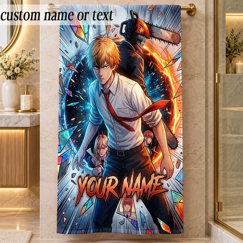 Beach TowelChainsaw Man Custom Name Text Personalized Soft Towel for Beach Pool Indoor Home Decor Gift