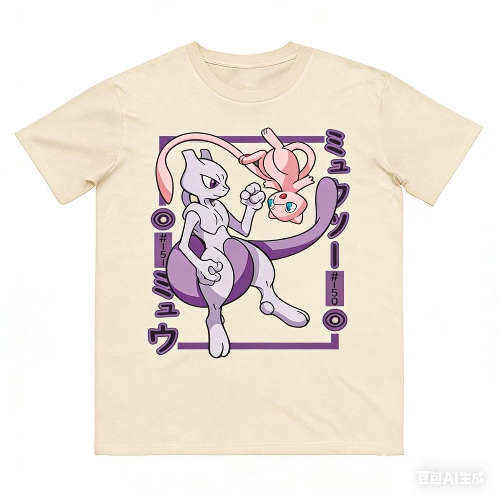 Mewtwo Mew Printed Pure Cotton T-shirt for Men and Women Spring/Summer New Collection Fashion Short Sleeved Shirt