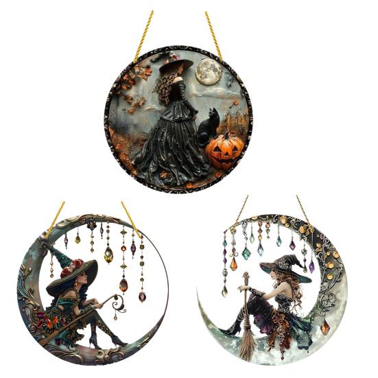 Halloween Moon Witch Hanging Decoration Stained Glass 2D Flat Acrylic Faux Crystal Pendant Witch Suncatcher Wall Window Hanging Sign Ornament
