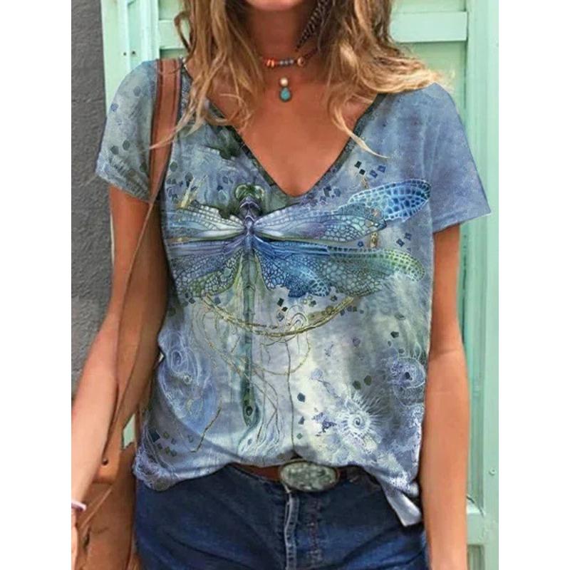 Summer Butterfly Dragonfly 3dV Neck Printed New Women's Top T-shirt