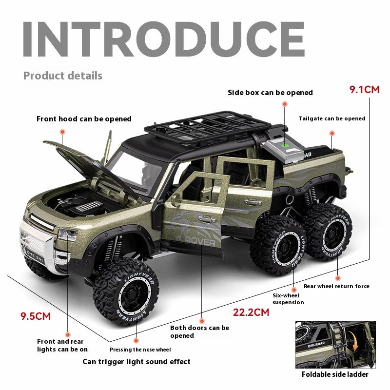 Масштаб 1/24 Большой Land Rover Defender 6x6 Супер Внедорожник Сплав Литой Модель Машины Звук и Свет Детская Игрушка Подарок на День Рождения для Детей