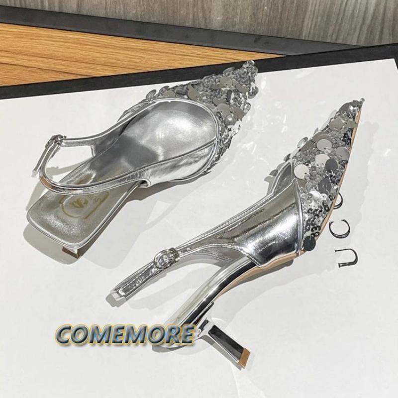 Новые женские туфли-лодочки на тонком каблуке, дизайнерская модная обувь, неглубокие, блестящие, женские туфли на высоком каблуке, шлепанцы, сандалии, обувь для женской вечеринки, лето