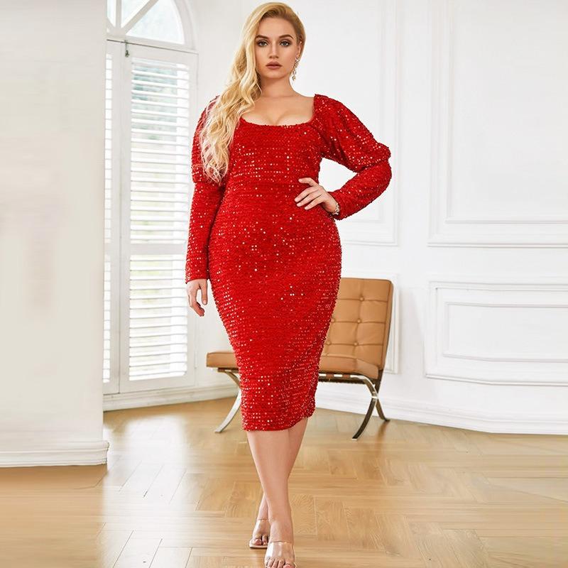 Slimming Women's Fashion Revealing Backpack Hip Dress Long Sleeve Sequin Long Dress