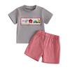 Toddler Girls Shorts Set Short Sleeve Round Neck Farm Embroidery Tops Elastic Waistband Plaid Shorts