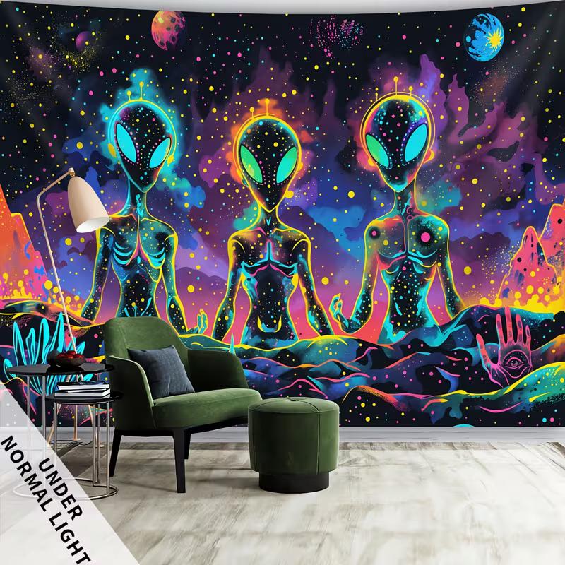 2D Trippy Alien UV Glow Tapestry, Blacklight Galaxy Wall Art for Home Decoration