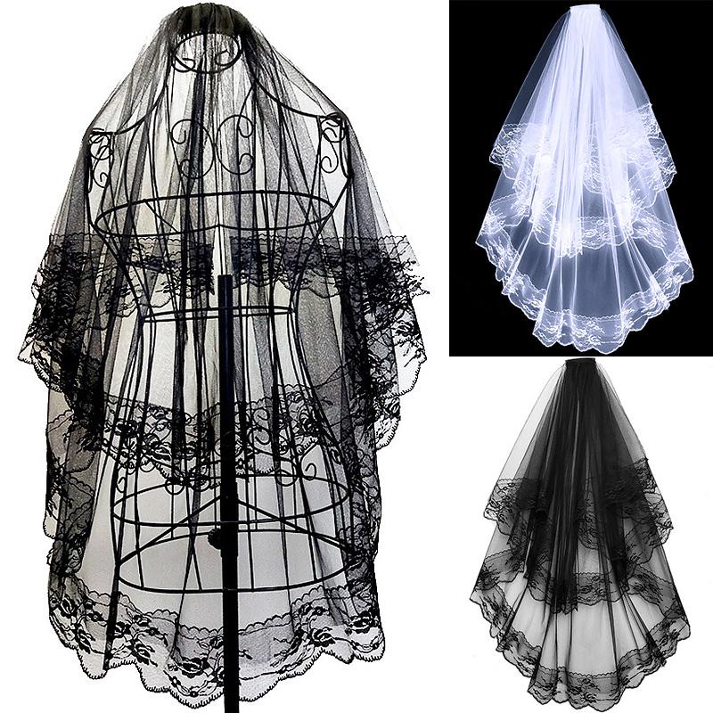 Lace Bridal Veils with Comb Short Two Layer Elegant Vintage Wedding Veils for Bride Cosplay Costume Hair Accessories Black Whit