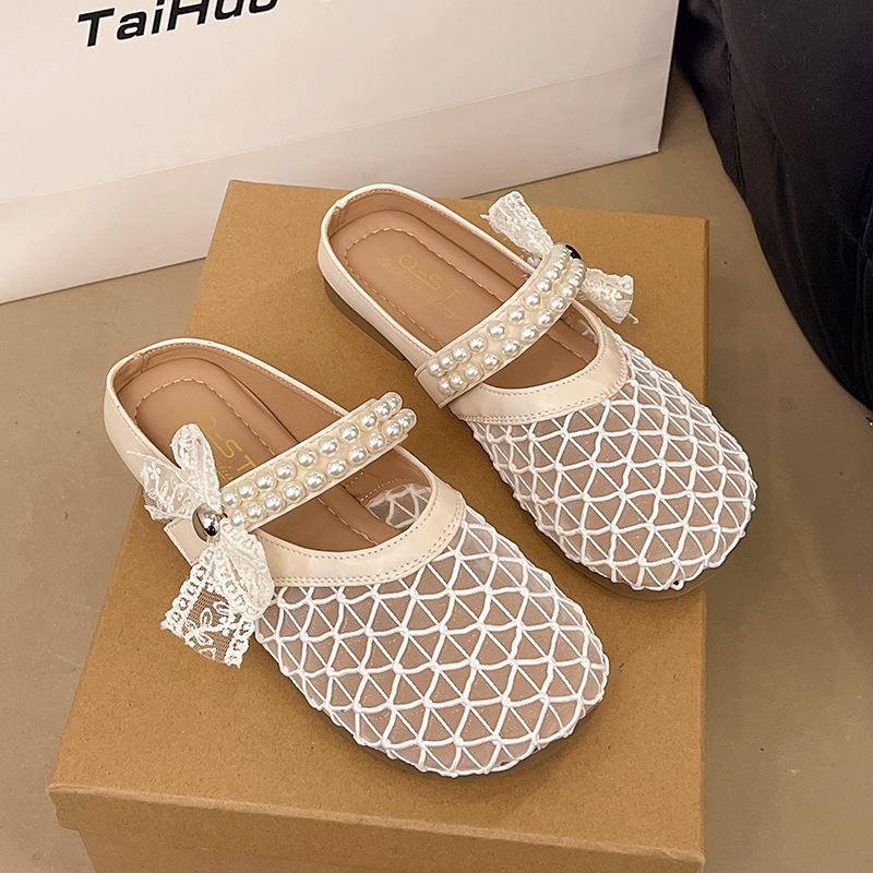 Flat-bottomed Bag Head Half Slippers Women's Summer Wear 2025 New One-pedal Fairy Wind Mesh Single Shoes Cool Slippers