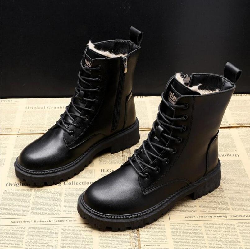 Модные водонепроницаемые зимние сапоги для женщин из бархата, толстые хлопковые женские туфли, черные кожаные теплые женские ботильоны на платформе