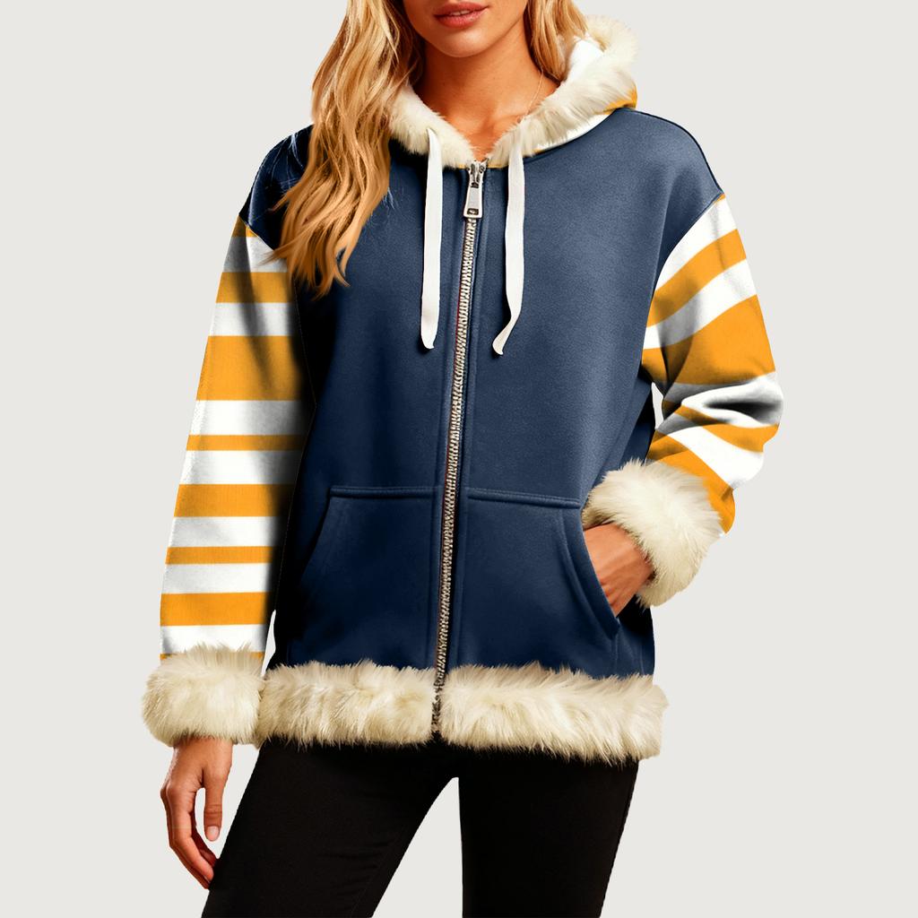 Женская Удобная Свободная Модная Повседневная Толстовка-Куртка с Длинным Рукавом, Карманами и Капюшоном с Полосатым Принтом