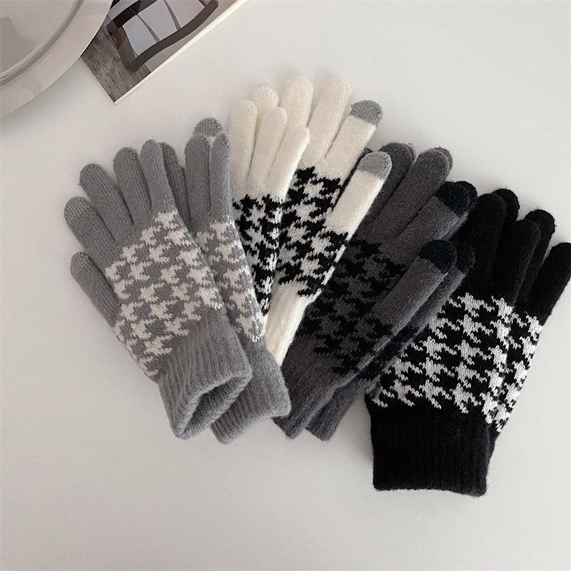 Осенние и зимние перчатки Thousand Bird Grid Knitted для женщин, корейские бархатные перчатки для сенсорных экранов, защита от холода и тепла, перчатки для езды на велосипеде и пальцев для мужчин
