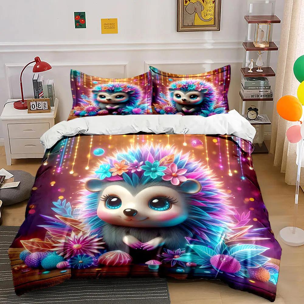 Colorful Hedgehog Ornament Set Multiple sizes kid's and adults' bedroom Exquisite 3PC bedding set, gift
