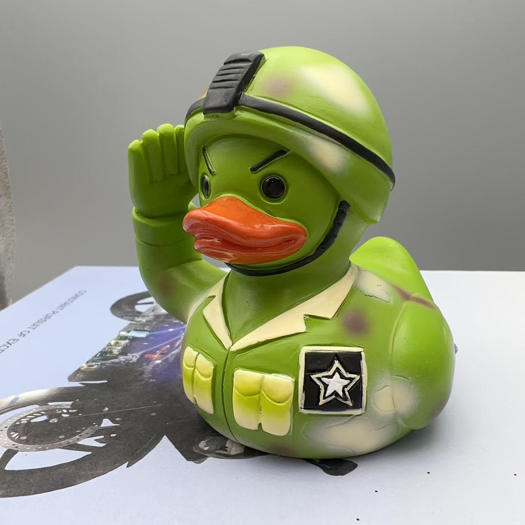 Whimsical Army Duck Statue , Green Camouflage Soldier Rubber Duck with Saluting Gesture, Resin Home Decor for Desk or Tabletop