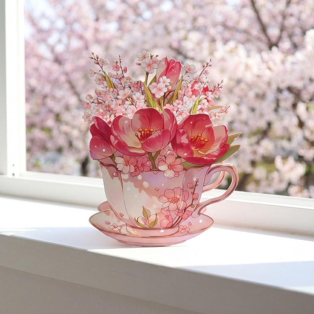 Paper Sculpture Flowers Teacup Greeting Card Surprise Gifts 3D Pop Up Bouquet Card Mother's Day