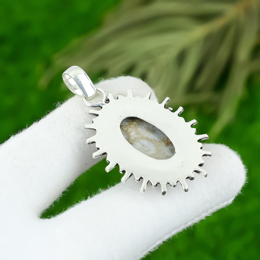 Oval Natural Fossil Coral 925 Sterling Silver Engagement Bezel Pendant Jewelry