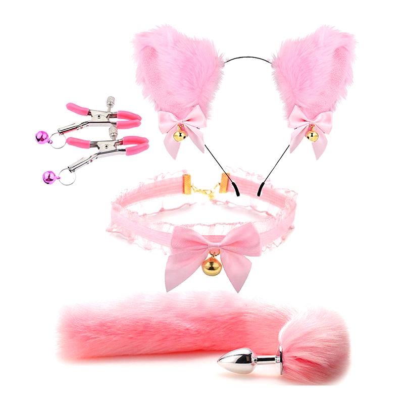 Cute Tail Anal Plug Bow-Knot Soft Cat Ears Headbands Collar Cosplay Couples Accessories Sex Toys For Female Male