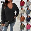 Autumn and Winter Solid-color Pluse-size Women's Top, V-neck Long-sleeved, Fringed Brushed T-shirt, Loose Pullover
