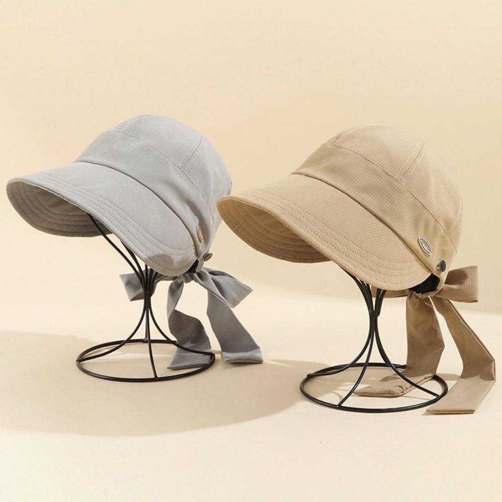 Solid Color Wide Brim Bucket Hat with Bow Peaked Cap Simple Women Sun Hat  Fishing