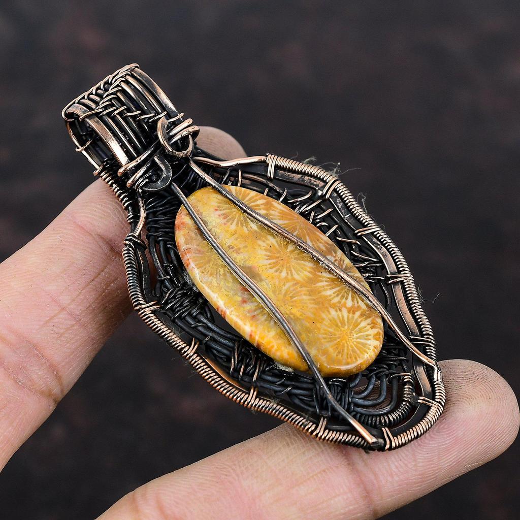 Fossil Coral Pendant Copper Wire Wrapped Pendant Gemstone Pendant Very Pretty Copper Jewelry Handmade Pendant Anniversary Gift Wire Jewelry