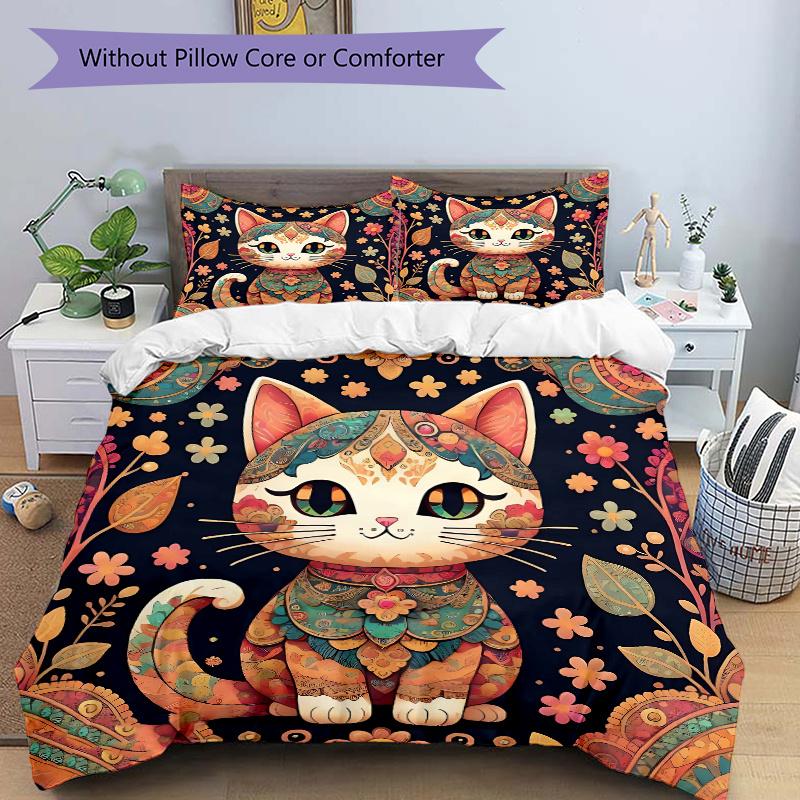 3pcs Ancient Cat Art Printed Bedding Set, Soft and Comfortable Quilt Cover for Bedroom, Guest Room (1 Duvet Cover + 2 Pillowcases, Pillow Co
