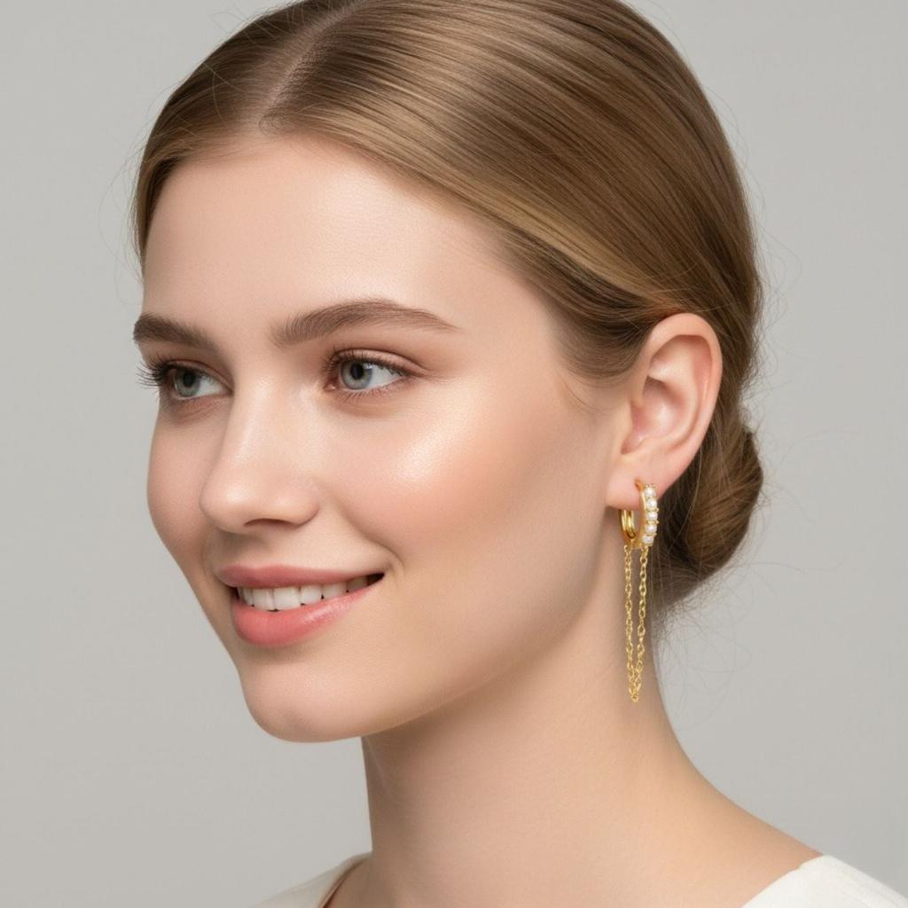 Серьги-кольца Хьюги с двойной подвесной жемчужной цепочкой - Желтое покрытие, стерлинговое серебро 925 пробы