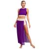 Women's Lyrical Dance Costume S-XL: Mock Neck Sleeveless Keyhole Back Rhinestone Crop Top & Side Split Flowy Mesh Skirt for Performance