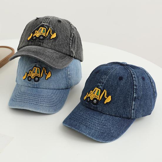 Детская шляпа унисекс, джинсовая бейсболка в стиле ретро, ​​мультяшная экскаваторная вышивка с длинными полями, защита от солнца, уличная шляпа от солнца