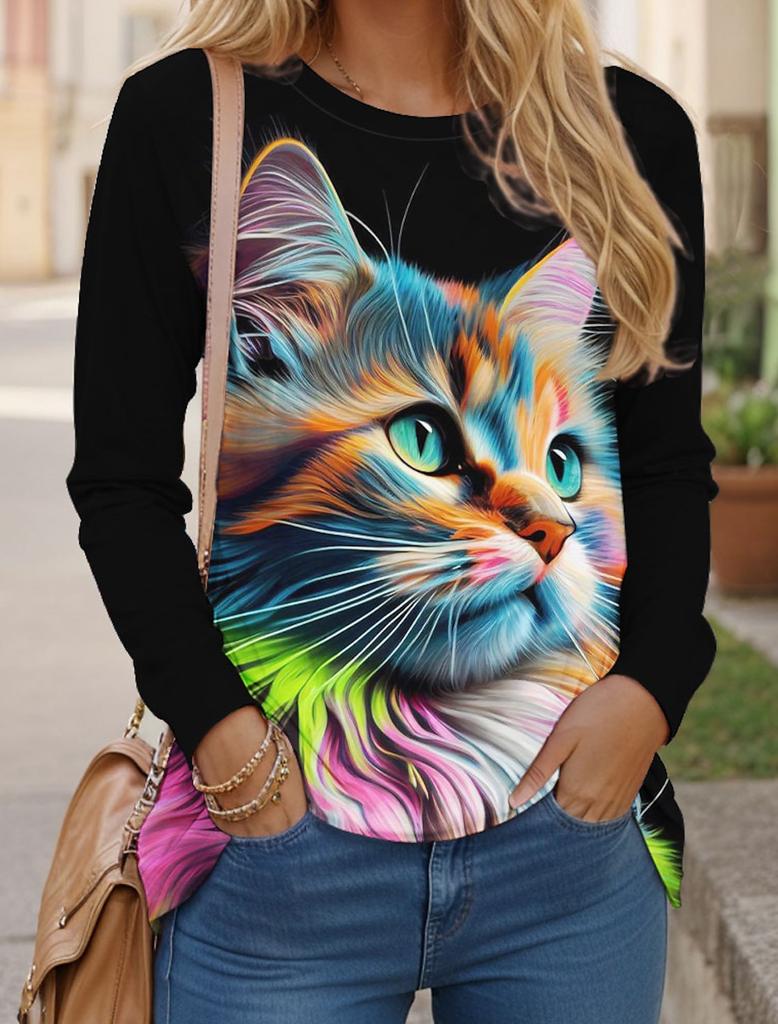 Women's T Shirts 3D Print Art Design Cat Pattern Long Sleeve Daily Weekend Fashion Funny Round Neck Regular Fit Spring & Fall