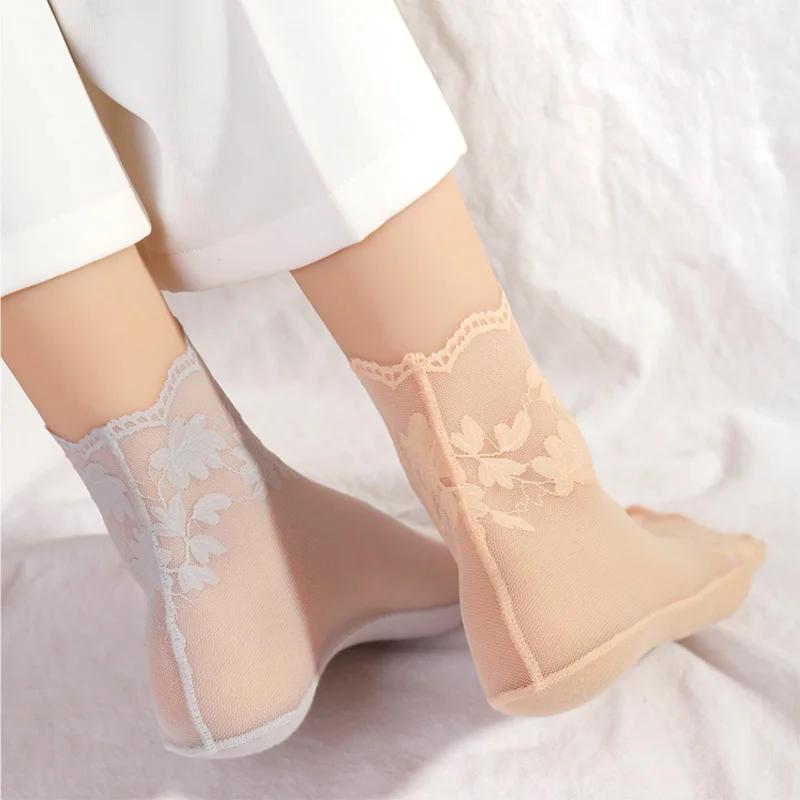 Новые летние короткие носки женские сетчатые кружевные прозрачные в стиле Лолиты невидимые тонкие нескользящие короткие носки до щиколотки черные с низким вырезом носки-лодочки