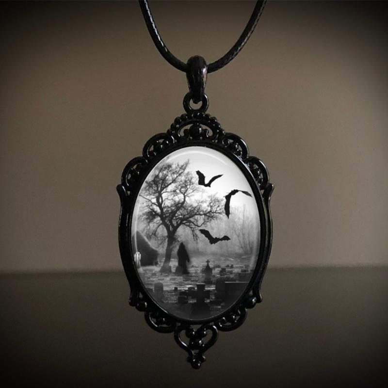 Black Graveyard Bat Pendant Leather Cord Necklace Gothic Women Statement Ethnic Jewelry Lariat Necklace Women Necklace