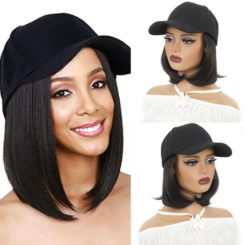Парики со шляпой, короткий прямой парик из волос боб с бейсбольной шляпой для женщин и девочек, синтетические термостойкие парики из волос с регулируемой шляпой
