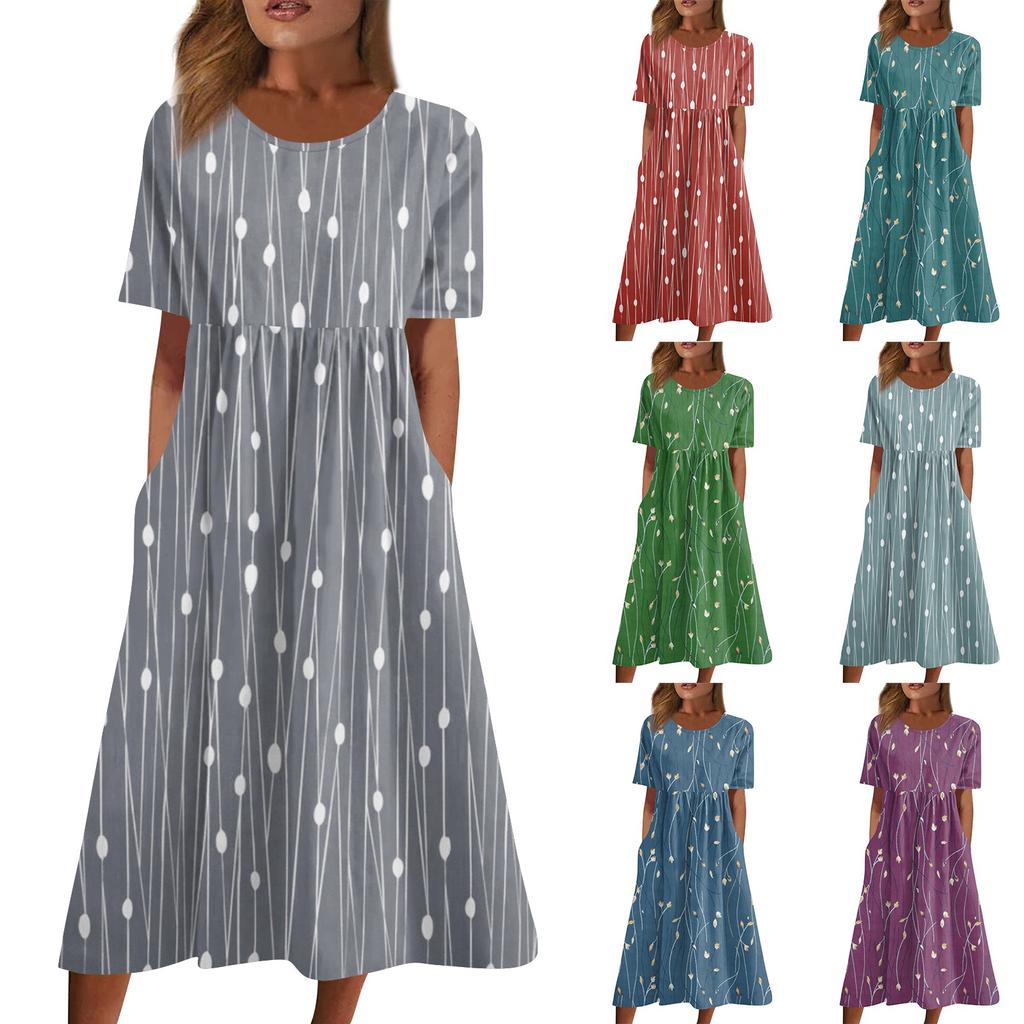 Жен. Повседневные платья Платья с принтами Летние платья С принтами Плиссированные платья-миди с круглым вырезом Классический Классический На открытом воздухе Повседневные С короткими рукавами Свободные платья