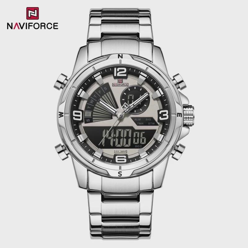 Mens Multifunctional Double-Display Watches Date Stainless Steel Watchband LED Luminous Mode Waterproof Wrist Watch