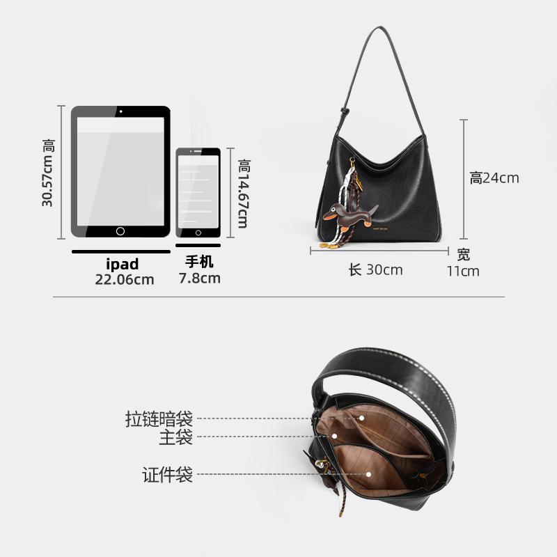 Viney black leather dog pendant simple tote bag for women