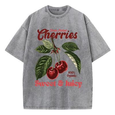 Футболки из хлопка Fresh Picked Cherries, женские футболки с принтом Sweet Fruit, потертые футболки Oversize с круглым вырезом, уличная женская одежда